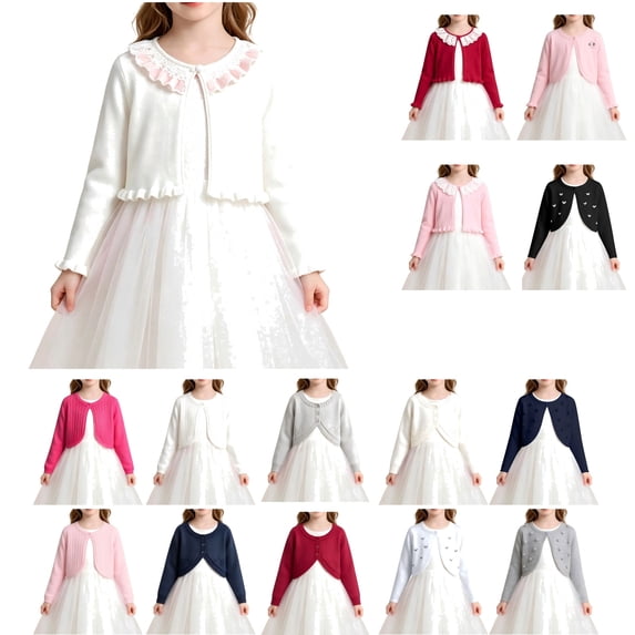 QIUOMBBP Girl's Cotton Cropped Bolero Ruffle Hem Long Sleeve Knitted Cardigan Lightweight Solid Color Outerwear White 2-3Years