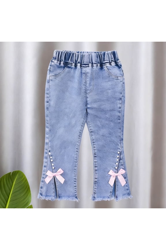 Girl's Denim Pants Solid Color Cute Bowknot Elastic Waist Frayed Hem Denim Jeans with Front Split Flare Leg Jeans Long Light Blue 1-2 Years