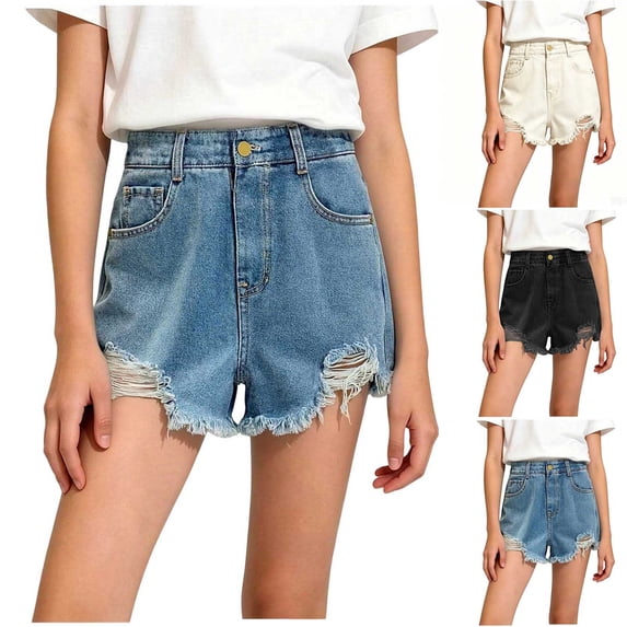 QIUOMBBP Girl's Frayed Hem Distressed Denim Shorts High Waist Button Shorts with Pockets Casual Trendy Short Pants Black 2-3Years