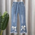 thumbnail image 1 of QIUOMBBP Girl's High Elastic Waist Denim Pants Seam Front Frayed Hem Flare Leg Jeans Long Slim Fit Pants Light Blue 4-5 Years, 1 of 6
