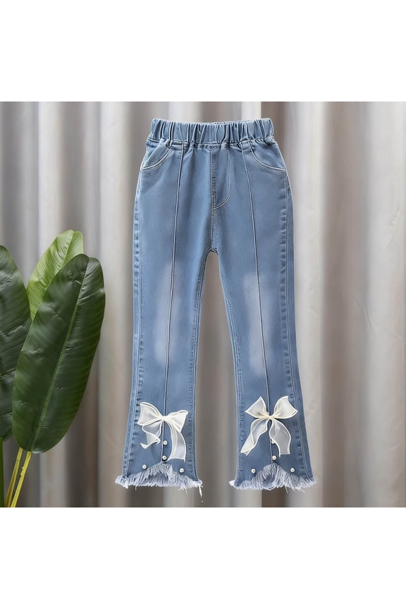 Girl's High Elastic Waist Denim Pants Seam Front Frayed Hem Flare Leg Jeans Long Slim Fit Pants Light Blue 7-8 Years