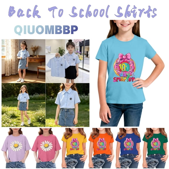 QIUOMBBP Girl's Summer Crewneck Tops Printed Short Sleeve Shirts Summer Casual School Uniform Outfits Green 11-12Years