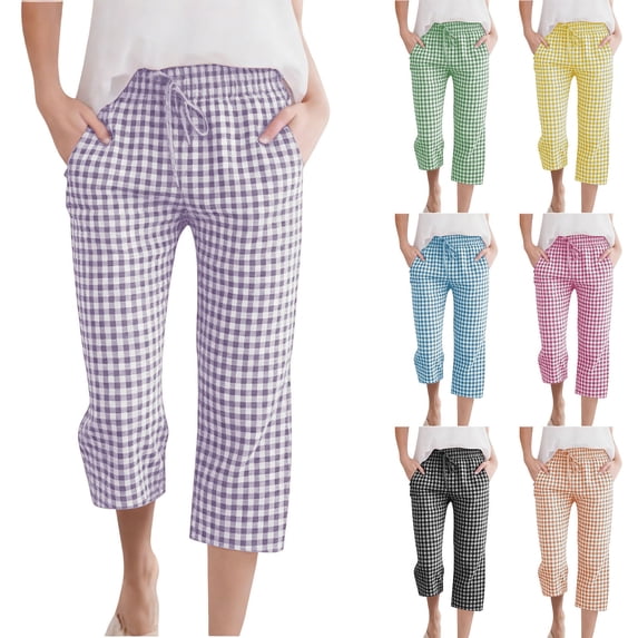 QIUOMBBP Girls' Breathable Linen Pants Summer Straigh Leg Drawstring Capri Pants with Pockets Loose 3/4 Length Trousers Blue 12 Years