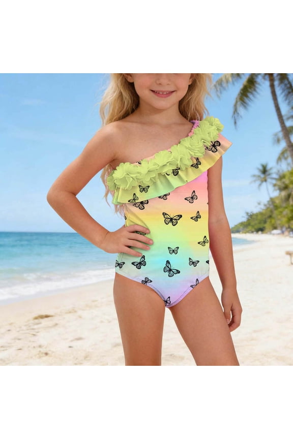 Girls' Cute Beach Swimsuit Fashion One Shoulder Printed Ruffle Neck Swimwear Summer Sleeveless Casual Bathing Suit Multicolor 6 Months