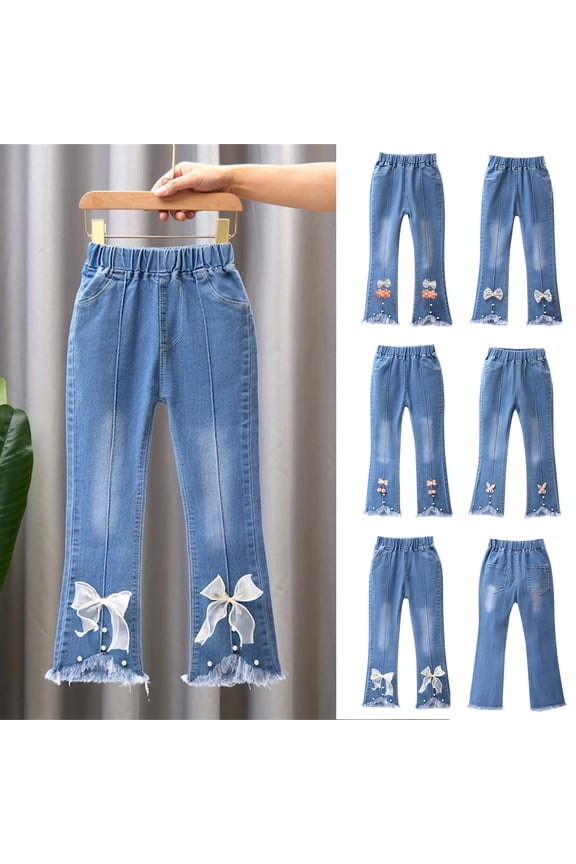 Girls Slim Fit Flare Jeans Cute Bowknot Seam Front Frayed Hem Denim Pants High Elastic Waist Trousers Beige 4-5Years
