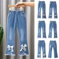 thumbnail image 1 of QIUOMBBP Girls Slim Fit Flare Jeans Cute Bowknot Seam Front Frayed Hem Denim Pants High Elastic Waist Trousers Pink 10-11Years, 1 of 7