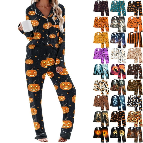 QIUOMBBP Halloween Pajama Sets for Women Halloween Print Long Sleeve Button Down Nightwear and Pants 2 Piece Lounge Set, Multicolor, XL