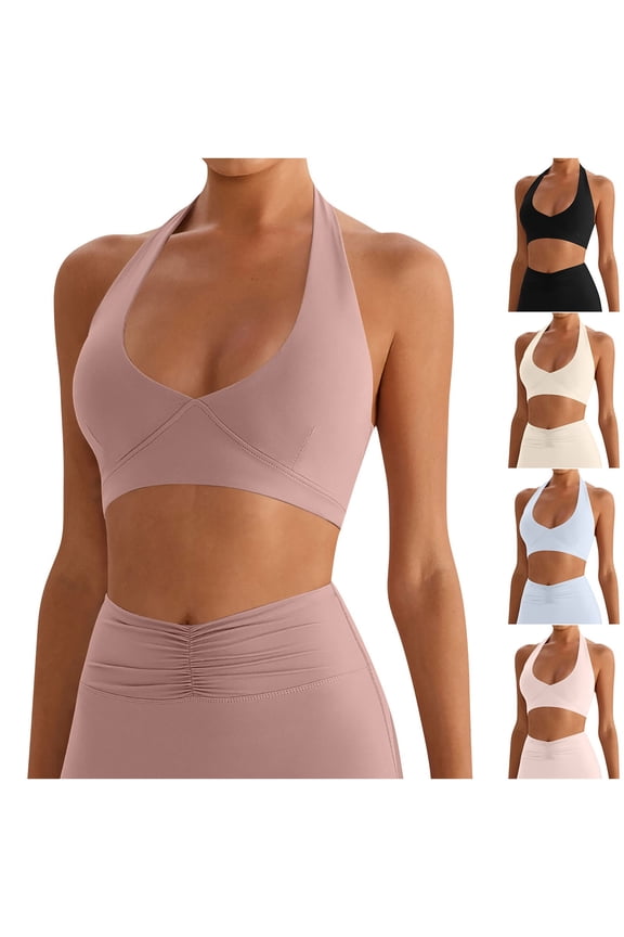 Halter Neck Bra for Women Athletic Yoga Running Fitness High Impact Bras Backless Elasticity Push Up Padded Bralette Top Blue XL