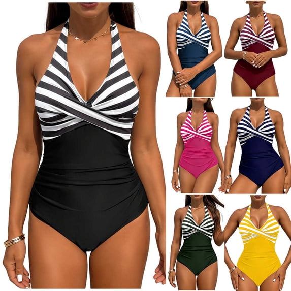 QIUOMBBP Halter One Piece Bathing Suit for Women Backless Tummy Control Swimsuits Beach Vacation Swimwear Blue L