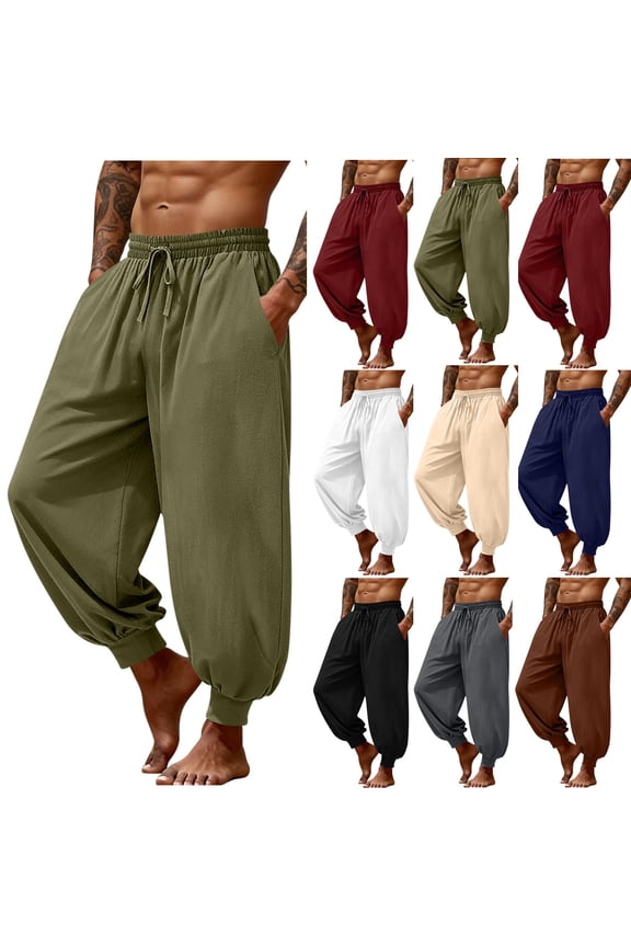 Harem Pants for Men Summer Loose Casual Lightweight Linen Hippie Pant Elastic Waist Drawstring Straight Leg Boho Trousers Black M