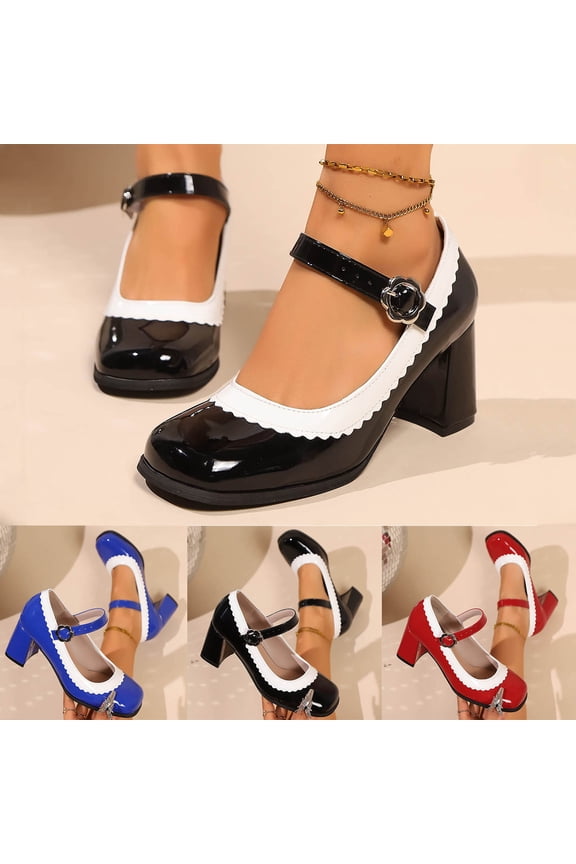 QIUOMBBP Heels for Women Chunky Low Block Heels Patent Mary Jane Round Toe Pumps with Buckle Strap Dress Shoes Blue