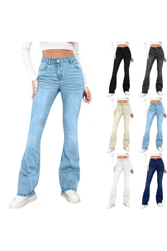 High Waisted Jeans for Women Trendy Stretchy Bootcut Jeans Bell Bottom Jeggings Flared Denim Pants Work Trousers Beige M