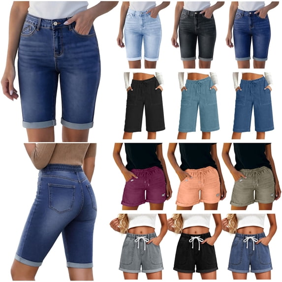 QIUOMBBP Jean Shorts Womens Summer Drawstring High Waisted Short Jeans Pull On Ripped Distressed Denim Shorts with Pockets Khaki XXL
