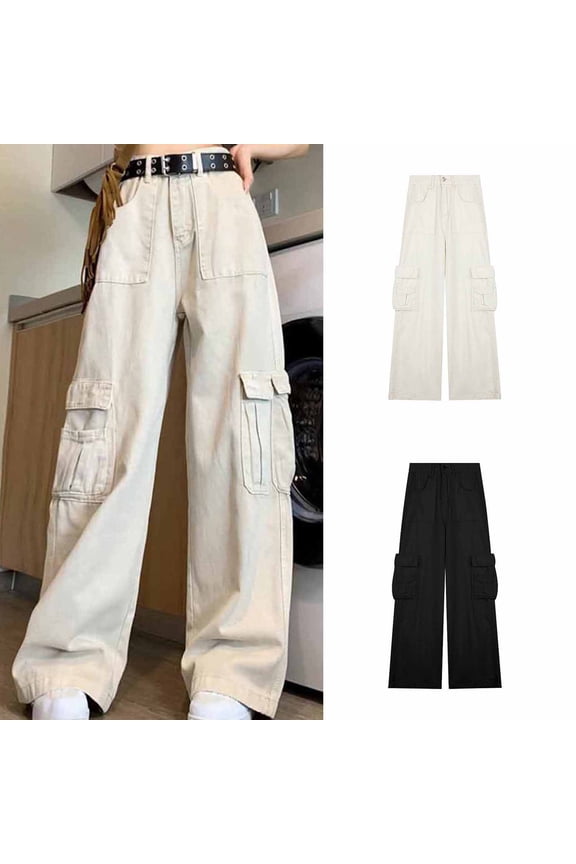 Jean Wide Leg Pants for Women High Waisted Cargo Jeans with Pockets Lightweight Fall Fashion Outfits, Beige, XXL