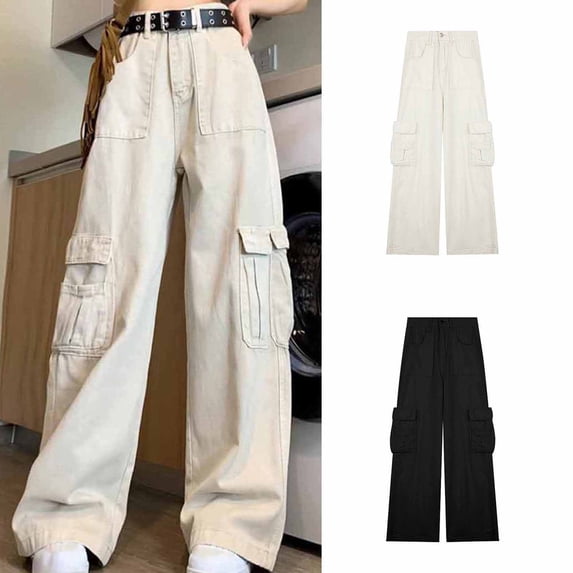 QIUOMBBP Jean Wide Leg Pants for Women High Waisted Cargo Jeans with Pockets Lightweight Fall Fashion Outfits, Black, M