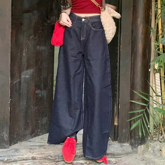 QIUOMBBP Jeans for Women Y2K Baggy High Waist Denim Pants Straight Wide Leg Loose Fit Barrel Jeans with Pockets, Blue, XS