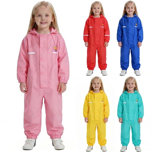 QIUOMBBP Kid's One Piece Rain Coats Solid Color Hoodie Long Rain Suit Cute Waterproof Outdoor Jackets Blue 6-7Years