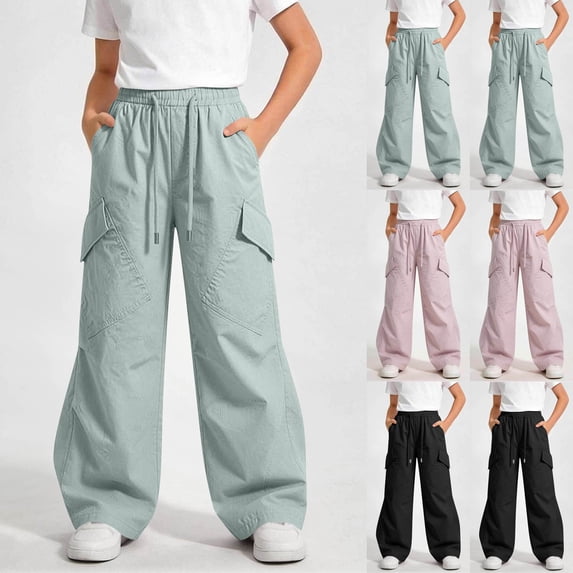 QIUOMBBP Kid's Solid Color Cargo Pants Wide Leg Elastic Waist Pants with Drawstring Loose School Uniform Clothes Black 7-8Years