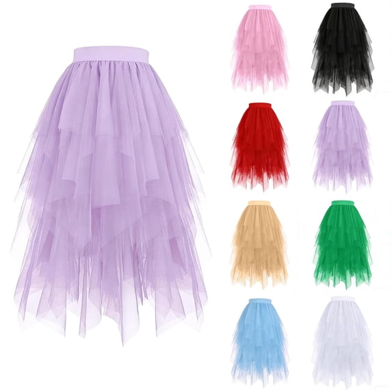 QIUOMBBP Kids A Line Tiered Tulle Skirts Solid Color Flowy Midi Length Mesh Long Skirts Elastic High Waisted Birthday Party Dress, Red, 160
