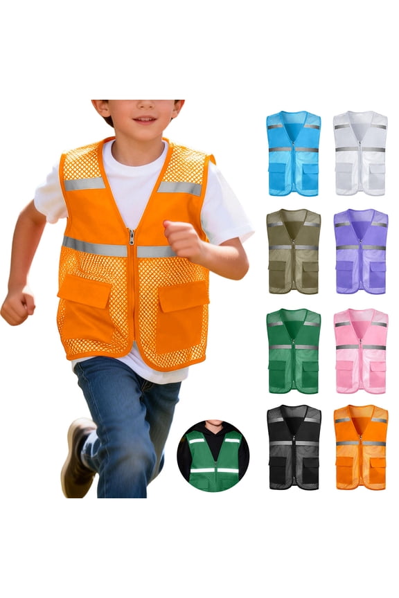Kids Reflective Mesh Safety Vests Full Zip Sleeveless Jackets with Pockets Outdoor Workout Costume Vest Pink XXXXL