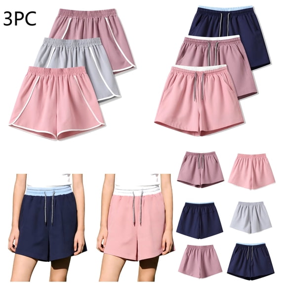 QIUOMBBP Kids' Sports Shorts 3PC Lightweight High Waisted Shorts Summer Solid Color Stretch Short Pants Pink 10-11Years
