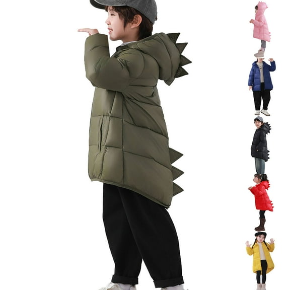 QIUOMBBP Kids Warm Hooded Puffer Jacket Solid Color Cute Dinosaur Quilted Coat Fall Winter Lightweight Outerwear Black
