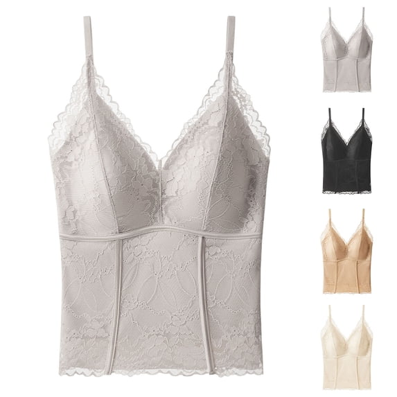 QIUOMBBP Lace Tank Tops for Women V Neck Spaghetti Strap Camisole Lingerie Stretchy Slim Fit Bustier with Built in Bra White L