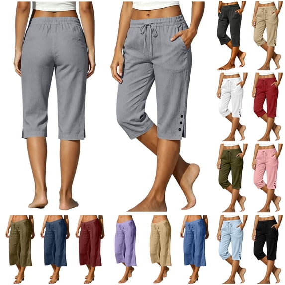 QIUOMBBP Ladies Capris for Summer Loose Fit Wide Leg Cropped Trousers Solid Drawstring Elastic Waist Capri Pants with Pockets Gray S