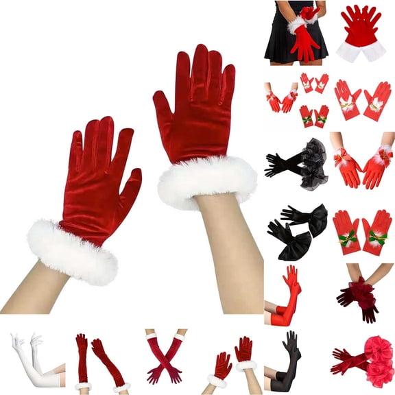 QIUOMBBP Ladies Christmas Gloves Short Santa Bowknot Formal Glove Women's Xmas Accessories for Party White