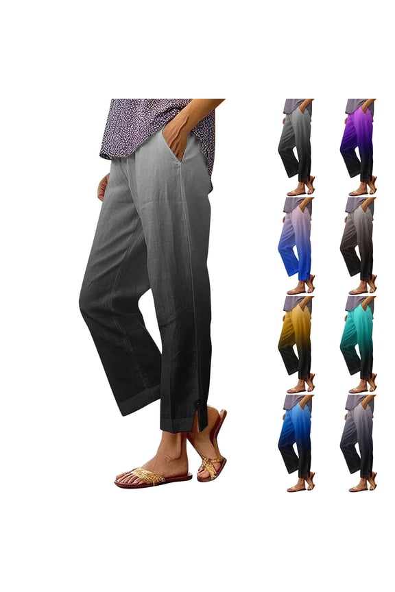 Linen Straight Leg Pants for Women Gradient Color Split Hem Elastic Waist Casual Trousers Summer Lightweight Outdoor Pant with Pockets Gray S