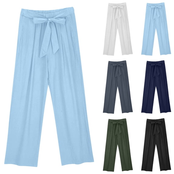 QIUOMBBP Linen Straight Leg Pants for Women Plus Size Elastic Waist Drawstring Loose Trousers with Pockets Summer Casual Beach Vacation Pant Sky Blue S