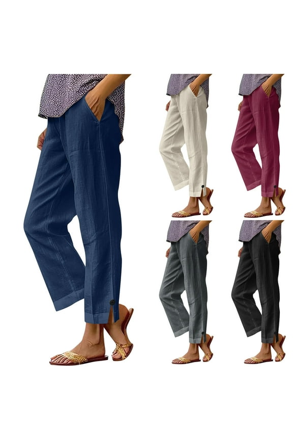 Linen Wide Leg Pants for Women Loose Split Hem Straight Pant with Pockets Summer Casual Elastic Waist Loungewear Navy XXL