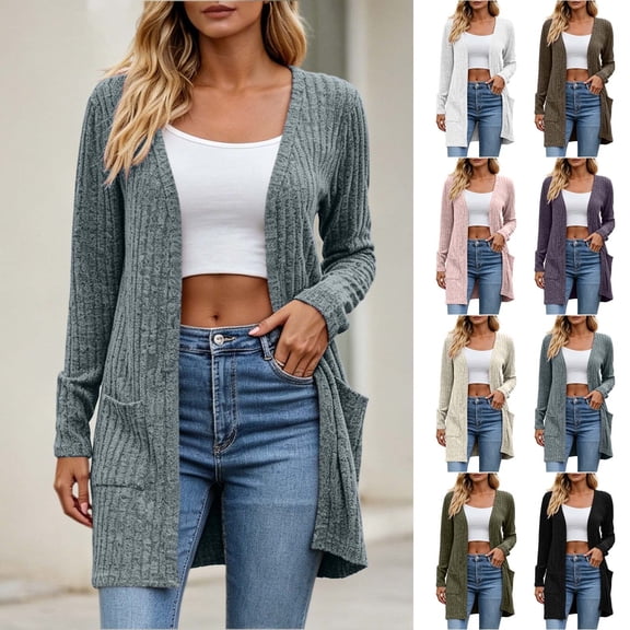 QIUOMBBP Long Cardigans for Women Fall Lightweight Open Front Textured Sweaters Coats with Pockets Beige XL