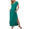 QIUOMBBP Long Dress for Women Cap Sleeve V Neck Split Side Maxi Dresses with Pockets Summer Loose Casual Outdoor Sundress Sky Blue M