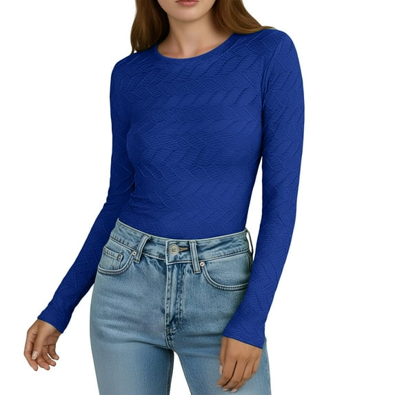 QIUOMBBP Long Sleeve Shirts for Women Slim Fit Solid Color Basic Shirt Lightweight Ribbed Top Casual Scoop Neck Tee ZL-Blue XL