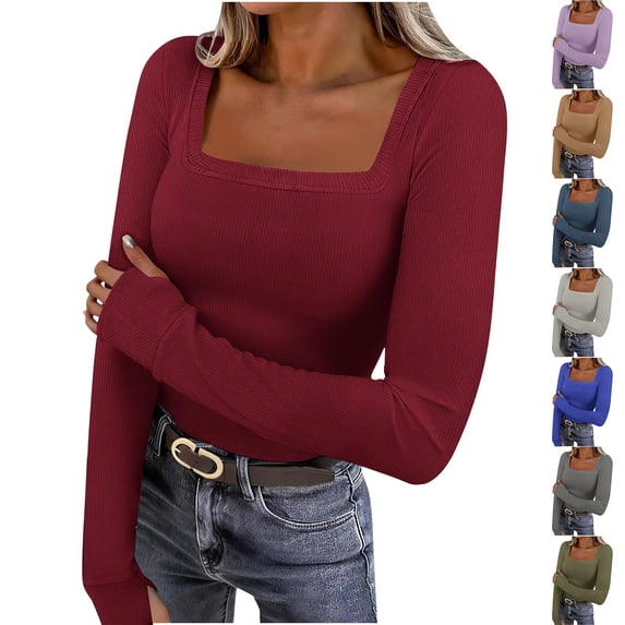 QIUOMBBP Long Sleeve Tops for Women Square Neck Ribbed Knit Solid Color Shirt Fitness Gym Athletic Yoga T-Shirt Wine XL