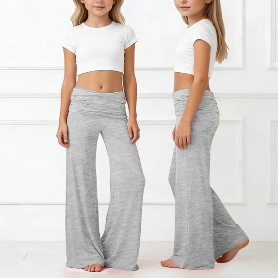 QIUOMBBP Lounge Yoga Pants For Girls Fold Over Low Waist Wide Leg Sweatpants Flare Leggings Elastic Bell Bottoms Gray 9-10 Years