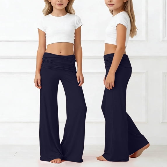 QIUOMBBP Lounge Yoga Pants For Girls Fold Over Low Waist Wide Leg Sweatpants Flare Leggings Elastic Bell Bottoms Navy 5-6 Years