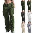 thumbnail image 1 of QIUOMBBP Low Rise Baggy Cargo Jeans Women Straight Leg Streetwear Denim Pants with Pockets Trendy Y2K Boyfriend Pants, Khaki, XL, 1 of 8