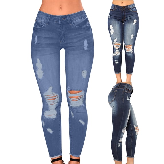 QIUOMBBP Low Waisted Ripped Jeans for Women Skinny Stretchy Casual Denim Pants Slim Fit Comfy Lounge Jeans with Pockets, Dark Blue, XXL