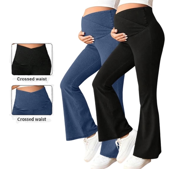 QIUOMBBP Maternity Jeans for Women Crossover Elastic Waist Flared Leg Pregnancy Denim Pants Over Pregnancy Bottoms Blue S