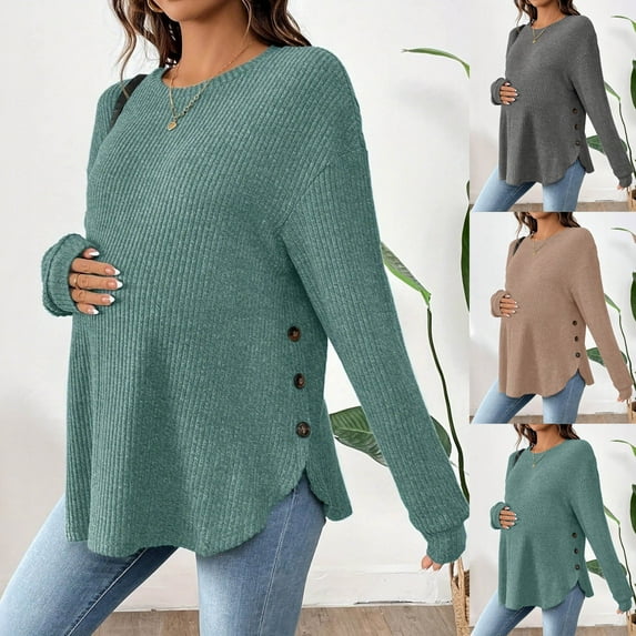 QIUOMBBP Maternity Solid Long Sleeve Women's Maternity Long Sleeve Crew Neck Ribbed Sweater with Side Buttons Khaki XL