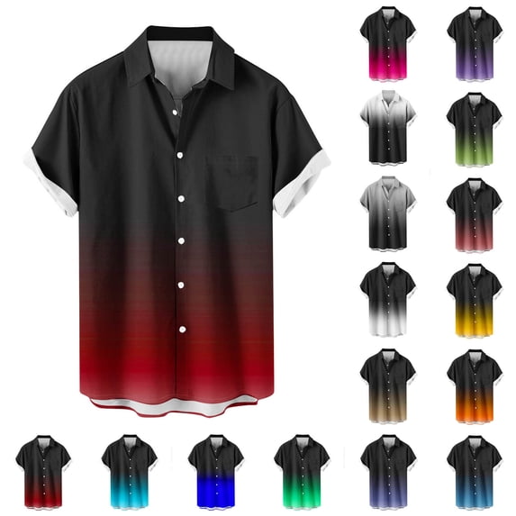 QIUOMBBP Men's Big and Tall Beach Shirts Loose Casual Summer Vacation Tshirts Gradient Short Sleeve Button Down Tees with Pocket Dark Gray S