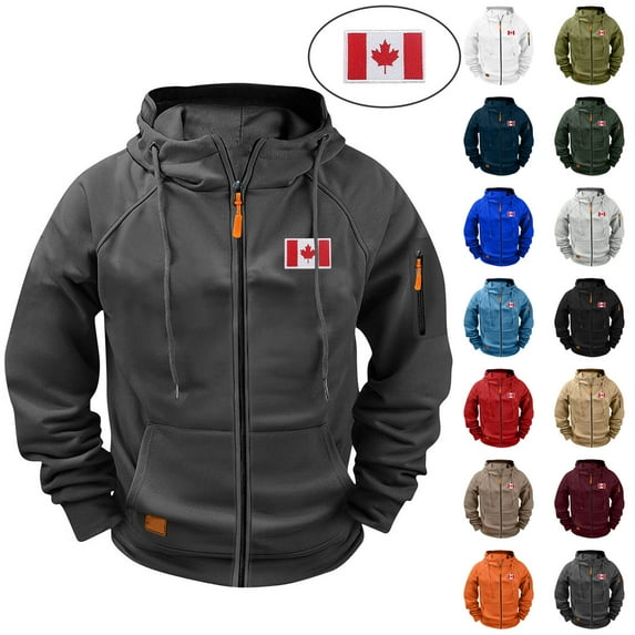 QIUOMBBP Men's Canada Flag Hoodie Zip Up Sweatshirt Casual Long Sleeve Hooded Jacket Patriotic Maple Leaf Outwear Orange L