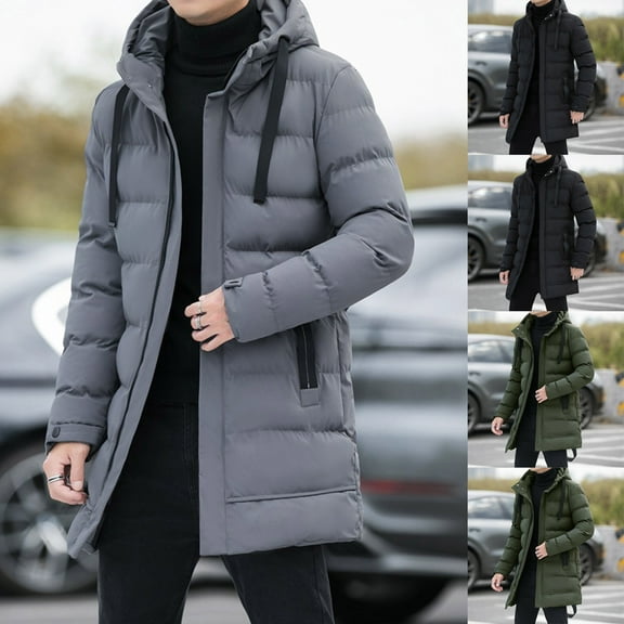 QIUOMBBP Men's Mid Length Padded Coat Winter Full Zip Warm Hooded Puffy Jackets with Pockets, Black, XXXL