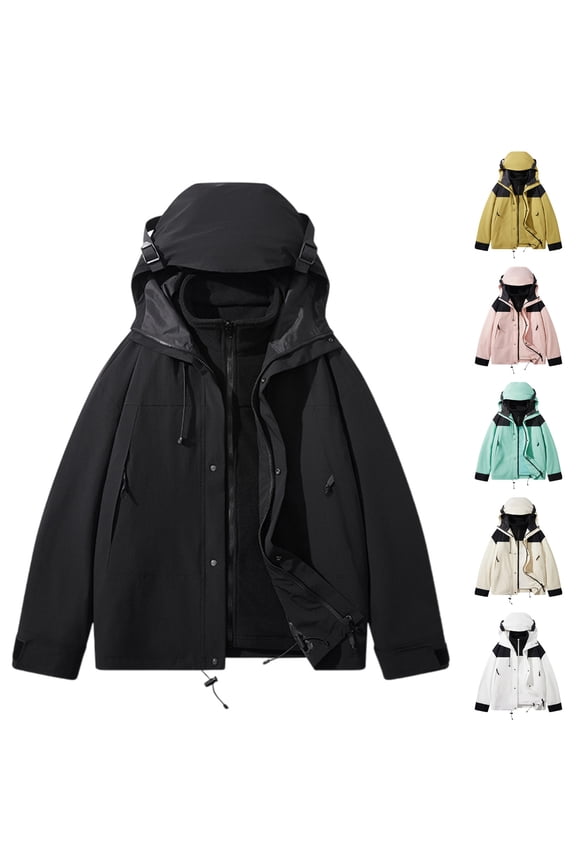 Men's Removable Fleece Lined Raincoat, Outdoor Hiking Waterproof Warm Coat Winter Zip Up Hooded Jackets with Pockets, Black, XXXXL