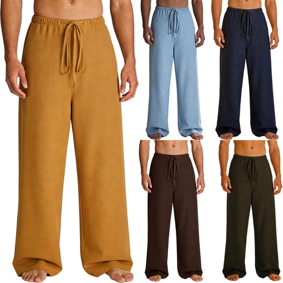 QIUOMBBP Men's Wide Leg Pants Summer Loose Lightweight Breathable Linen Yoga Pant Elastic Waist Drawstring Straight Trousers Yellow M