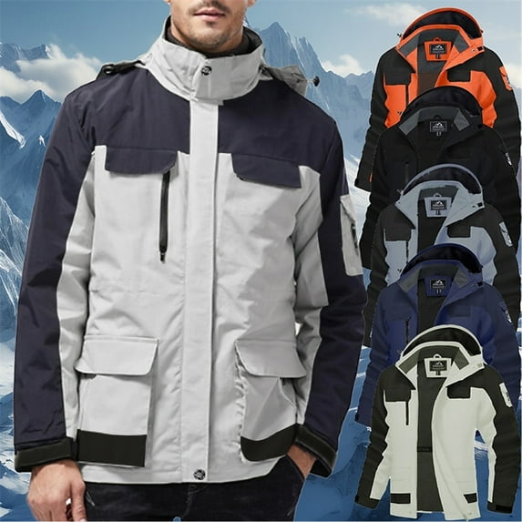 QIUOMBBP Men's Winter Coats Ski Snow Water Resistant Jacket Warm Fleece Parka Raincoats with Hood for Hiking Work, White, S