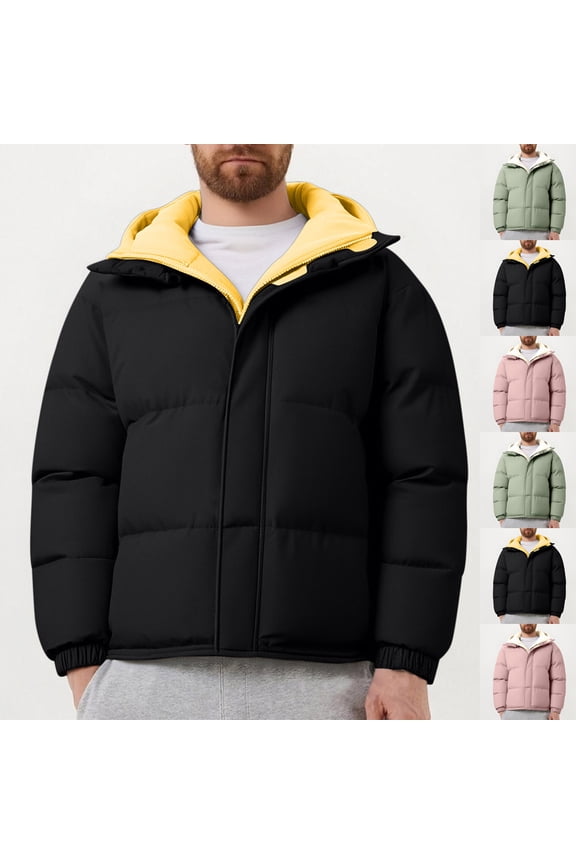 Men's Winter Padded Jacket Zip Up Long Sleeve Parka Hooded Coat Casual Thick Warm Outdoor Puffer Jackets Pink S