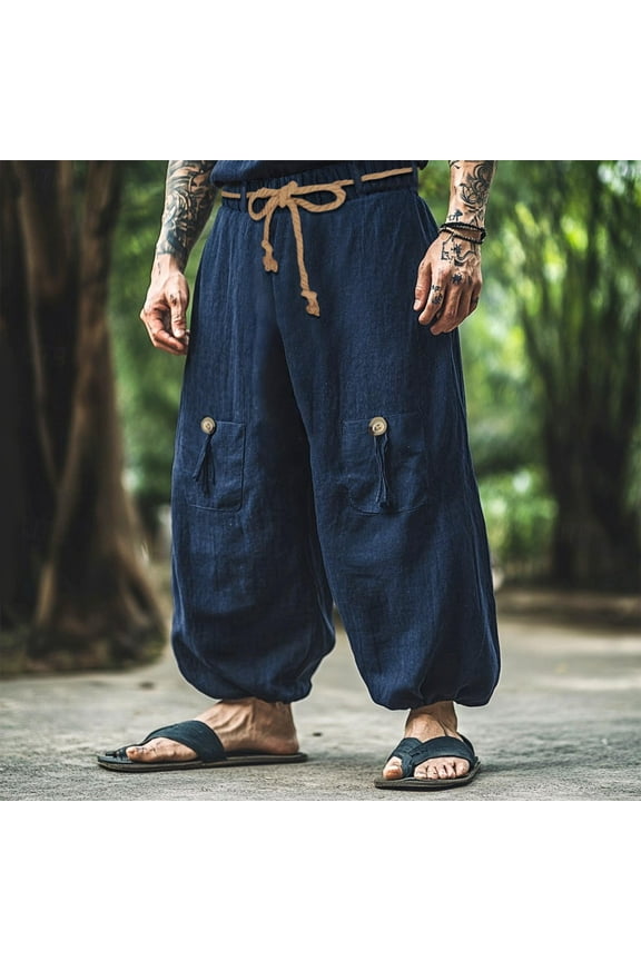 Mens Boho Pants Wide Tie Waist Linen Hippie Harem Trousers with Pockets Baggy Breathable Vintage Palazzo Pull On Pant Navy M